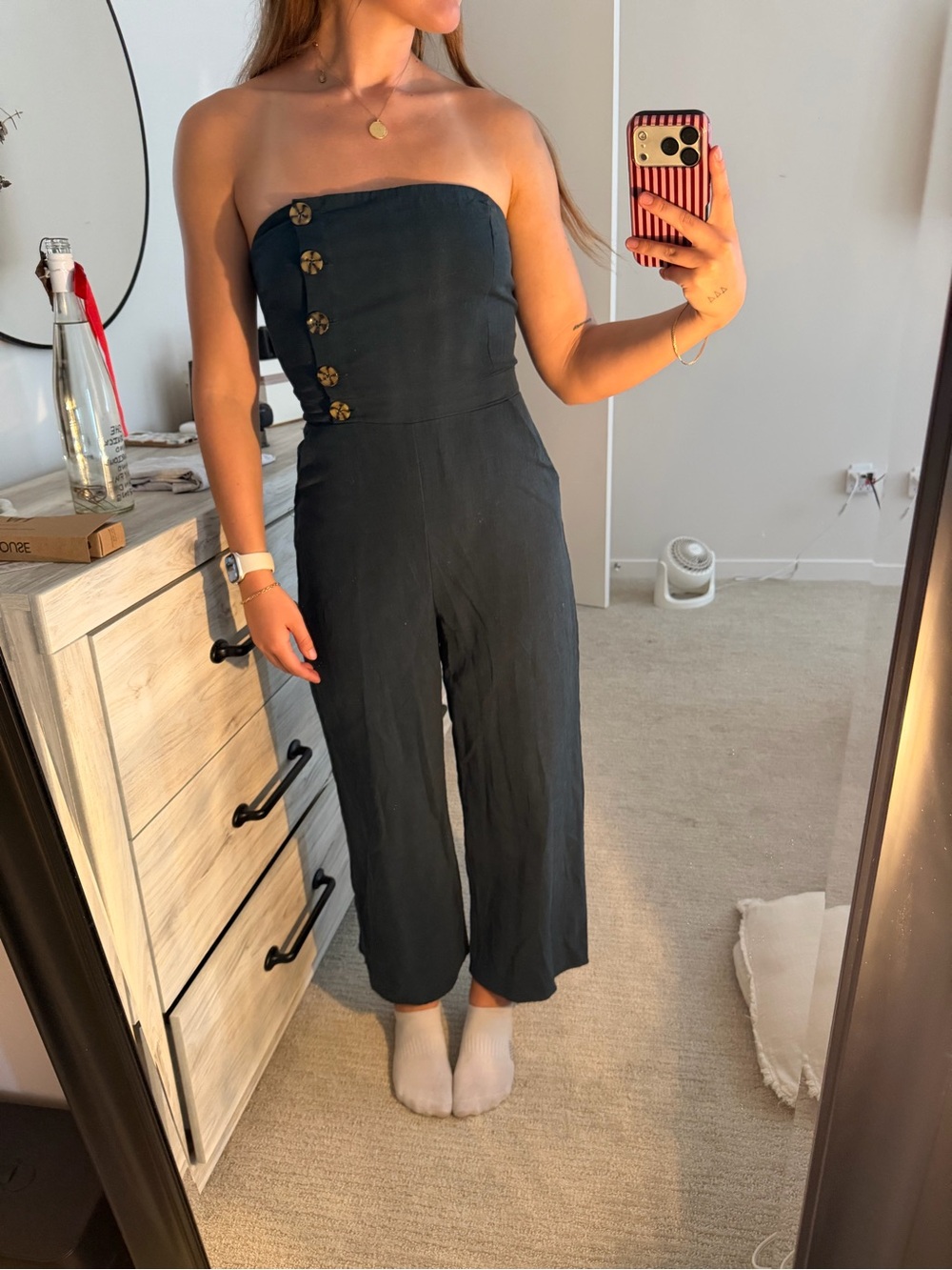 Honey Belle Strapless Dark Teal Wide-Leg Jumpsuit with Button Accents